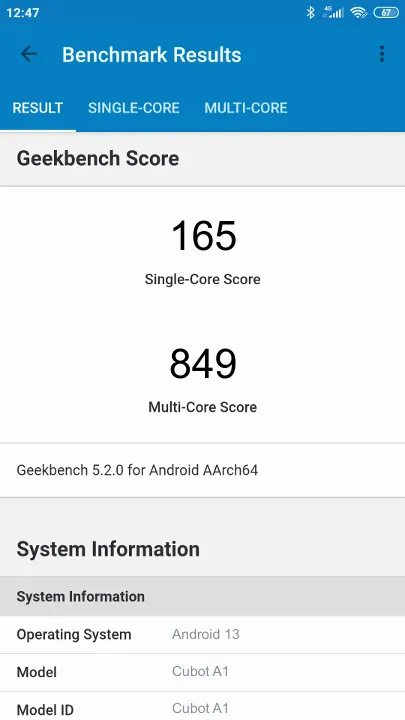 Cubot A1 Geekbench benchmark ranking