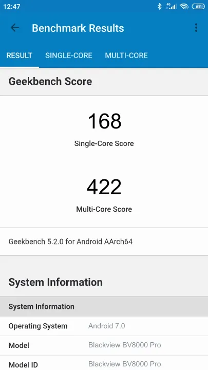 Blackview BV8000 Pro Geekbench benchmark: classement et résultats scores de tests