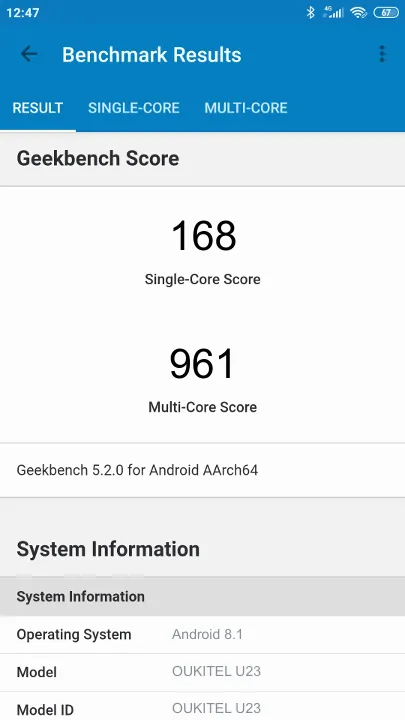 OUKITEL U23 Geekbench benchmark score results