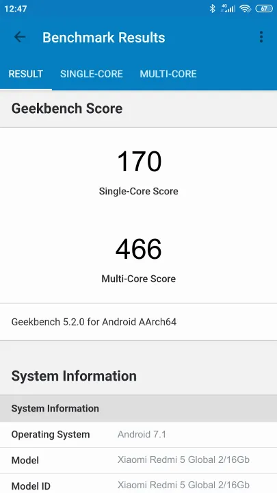 Xiaomi Redmi 5 Global 2/16Gb Geekbench benchmark: classement et résultats scores de tests