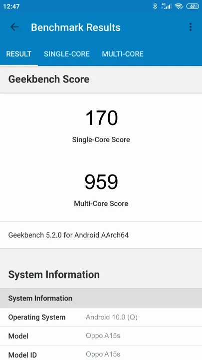 Βαθμολογία Oppo A15s Geekbench Benchmark