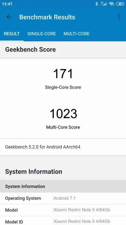 Xiaomi Redmi Note 5 4/64Gb Geekbench benchmark: classement et résultats scores de tests