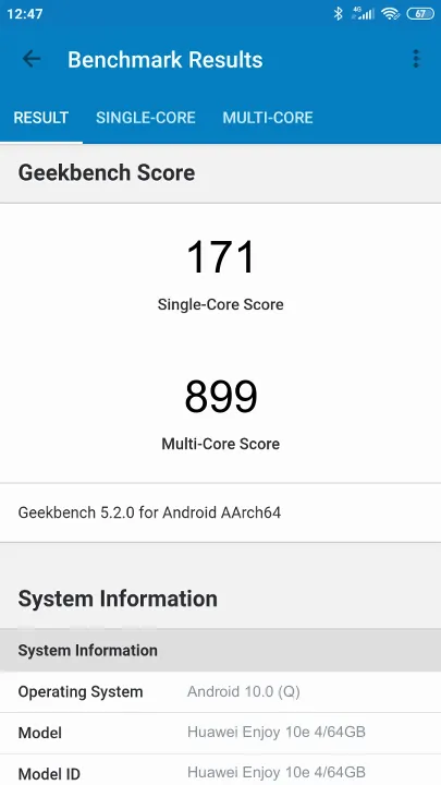 Wyniki testu Huawei Enjoy 10e 4/64GB Geekbench Benchmark