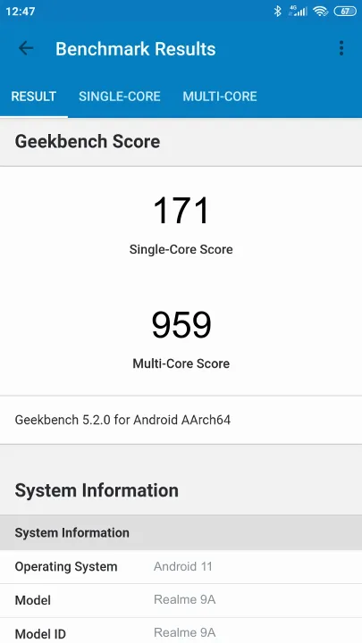Wyniki testu Realme 9A Geekbench Benchmark