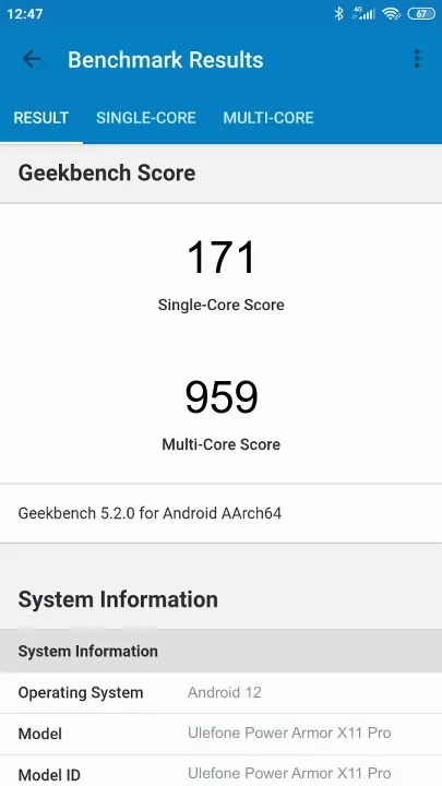 Ulefone Power Armor X11 Pro Geekbench benchmark score results