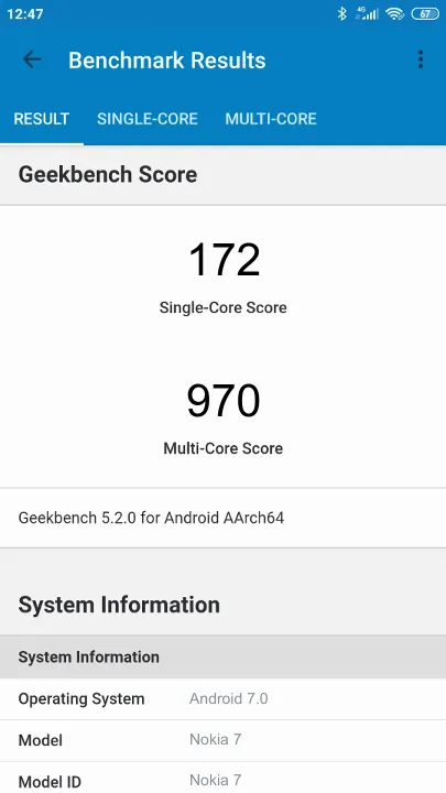 Wyniki testu Nokia 7 Geekbench Benchmark