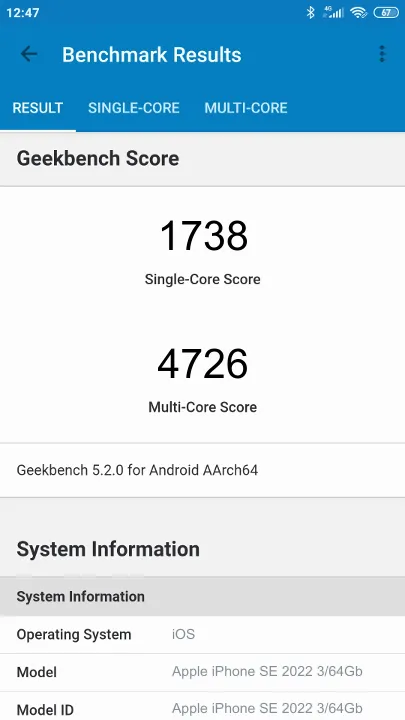Apple iPhone SE 2022 3/64Gb תוצאות ציון מידוד Geekbench