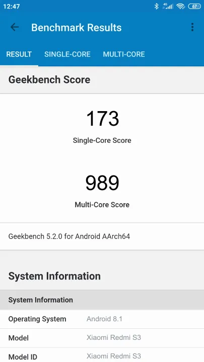 Pontuações do Xiaomi Redmi S3 Geekbench Benchmark