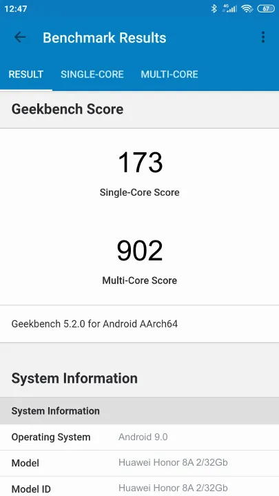 Pontuações do Huawei Honor 8A 2/32Gb Geekbench Benchmark