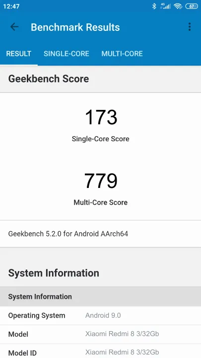 Βαθμολογία Xiaomi Redmi 8 3/32Gb Geekbench Benchmark