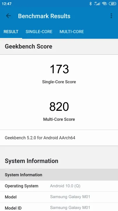 Wyniki testu Samsung Galaxy M01 Geekbench Benchmark