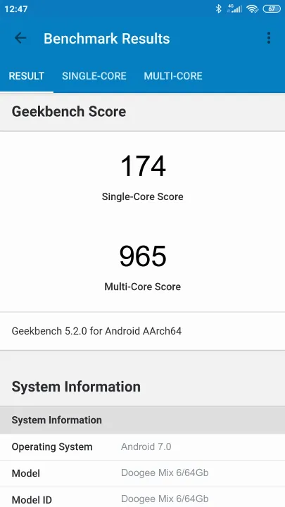 Doogee Mix 6/64Gb Geekbench benchmark score results