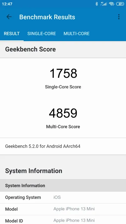 Apple iPhone 13 Mini Geekbench benchmarkresultat-poäng