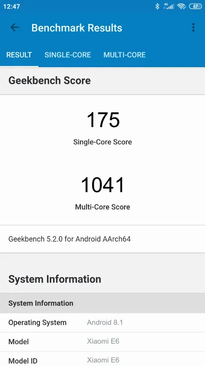Punteggi Xiaomi E6 Geekbench Benchmark