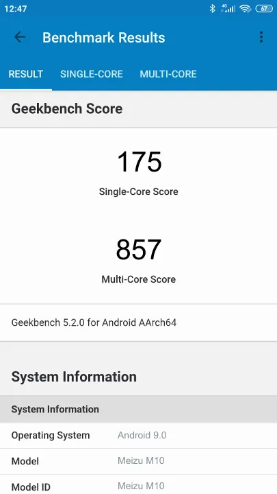 Wyniki testu Meizu M10 Geekbench Benchmark
