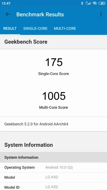 Pontuações do LG K52 Geekbench Benchmark