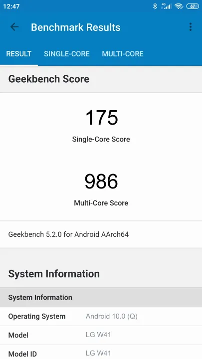 Pontuações do LG W41 Geekbench Benchmark