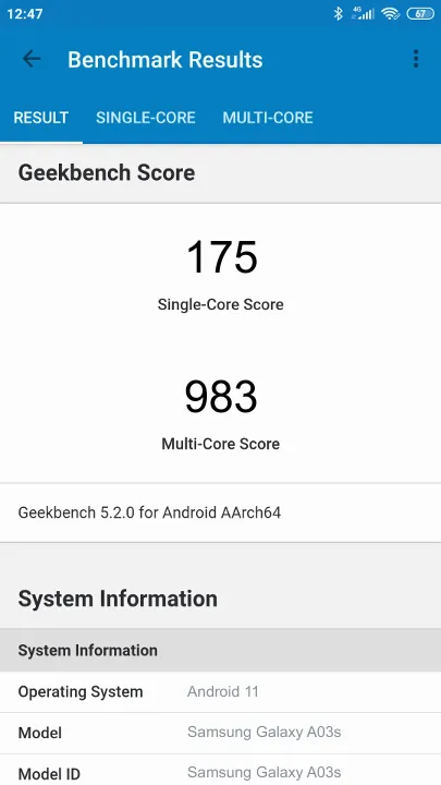 Pontuações do Samsung Galaxy A03s Geekbench Benchmark