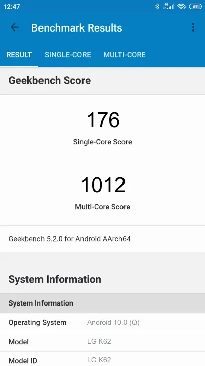 LG K62 Geekbench benchmark score results