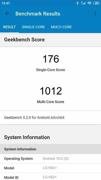 Punteggi LG K62+ Geekbench Benchmark