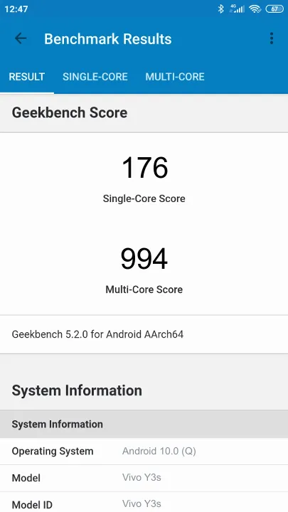 Vivo Y3s的Geekbench Benchmark测试得分