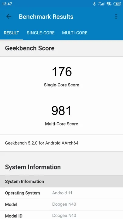 Doogee N40的Geekbench Benchmark测试得分