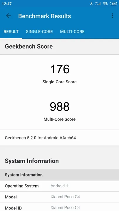 Xiaomi Poco C4 Geekbench benchmark score results