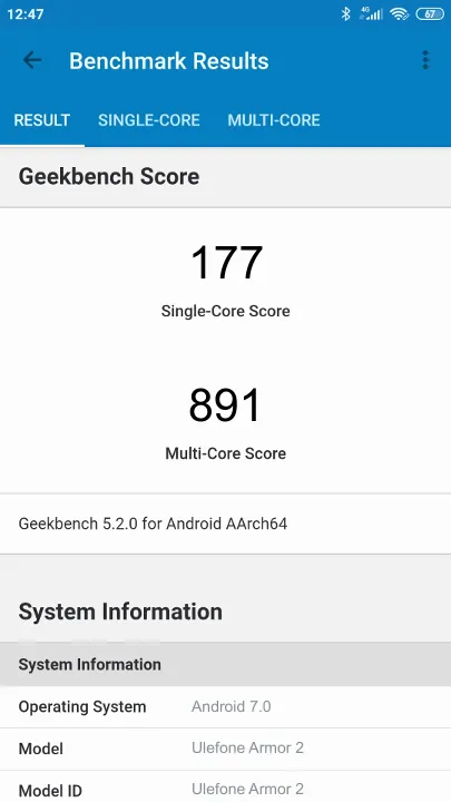 Ulefone Armor 2 Geekbench benchmark score results