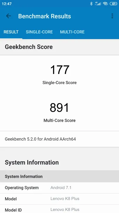 Lenovo K8 Plus Geekbench benchmark score results
