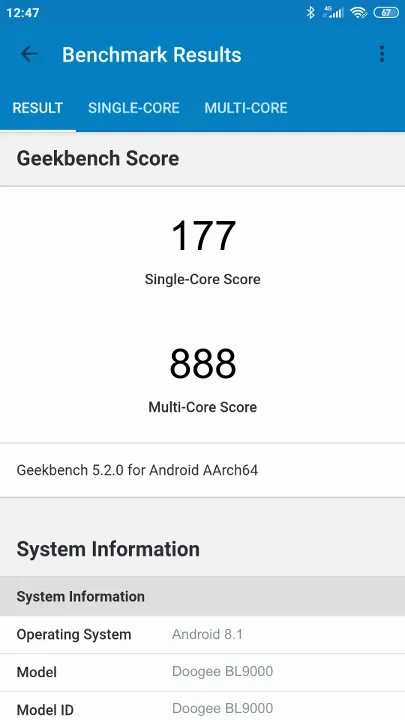 Doogee BL9000 Geekbench benchmark score results