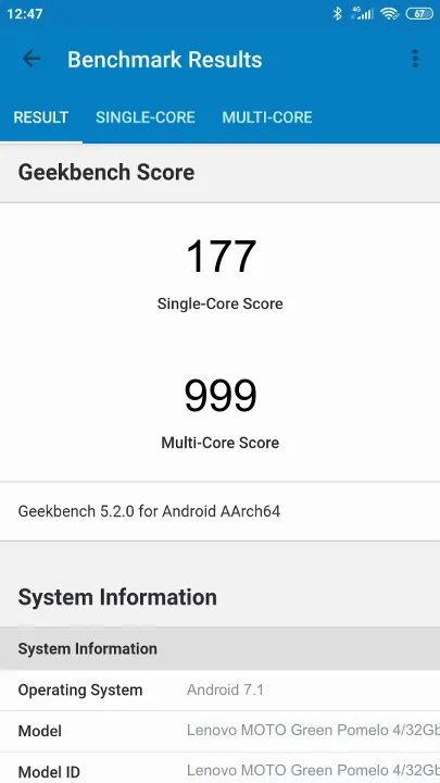 Lenovo MOTO Green Pomelo 4/32Gb Geekbench benchmark ranking