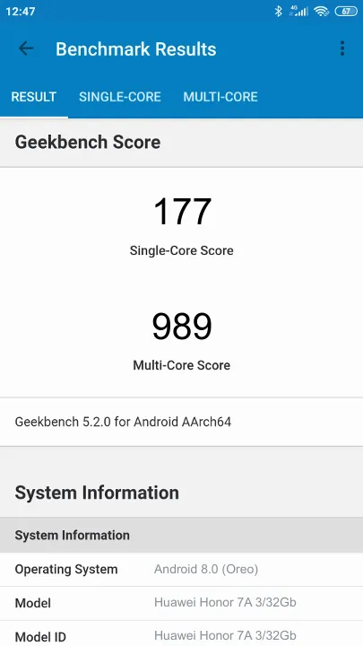 Βαθμολογία Huawei Honor 7A 3/32Gb Geekbench Benchmark