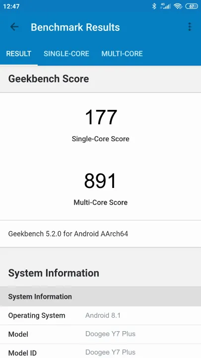 Doogee Y7 Plus的Geekbench Benchmark测试得分