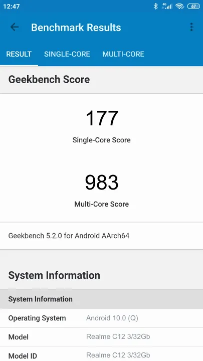 Realme C12 3/32Gb Geekbench benchmark score results