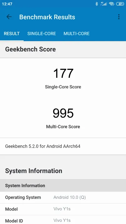 Vivo Y1s Geekbench benchmark score results