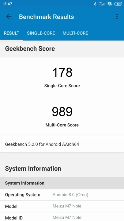 Pontuações do Meizu M7 Note Geekbench Benchmark