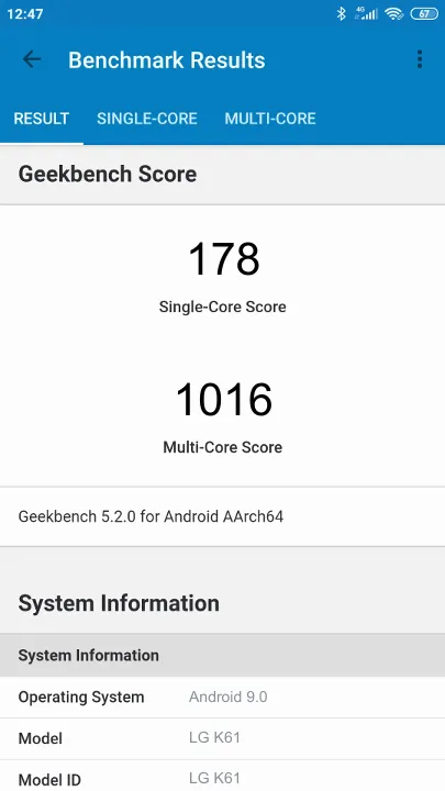 Wyniki testu LG K61 Geekbench Benchmark