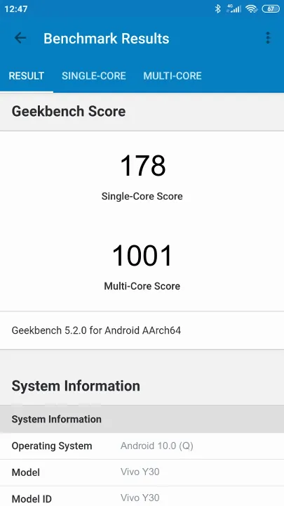 Vivo Y30的Geekbench Benchmark测试得分