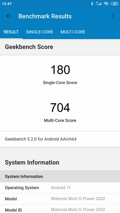 Motorola Moto G Power 2022 Geekbench benchmark score results