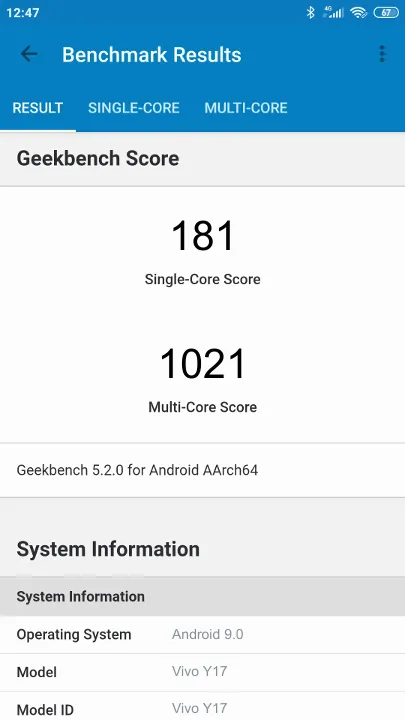 Vivo Y17 Geekbench Benchmark testi