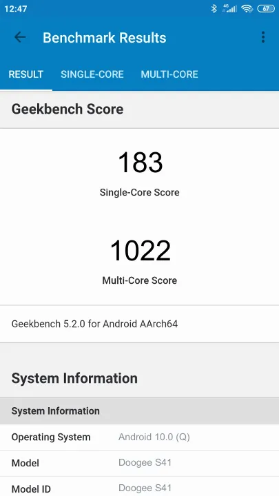 Βαθμολογία Doogee S41 Geekbench Benchmark