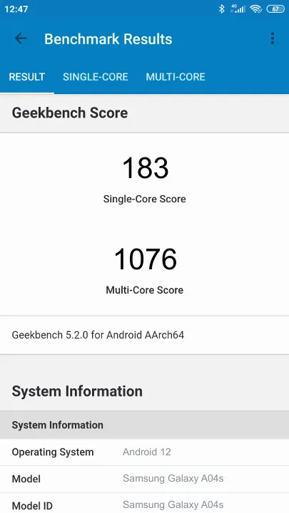 Samsung Galaxy A04s 3/32Gb Geekbench benchmark ranking