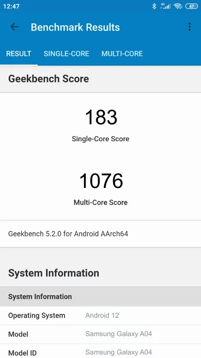 Samsung Galaxy A04 4/32GB Geekbench benchmark score results