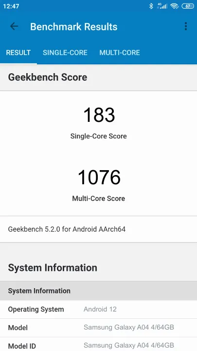 Samsung Galaxy A04 4/64GB Geekbench benchmark score results