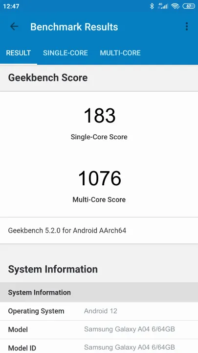 Wyniki testu Samsung Galaxy A04 6/64GB Geekbench Benchmark