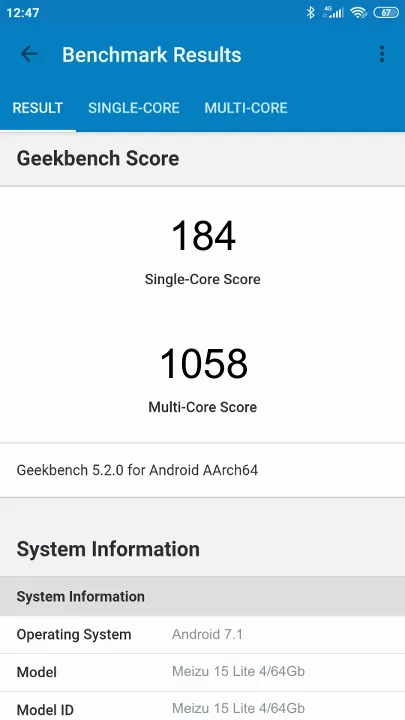Wyniki testu Meizu 15 Lite 4/64Gb Geekbench Benchmark
