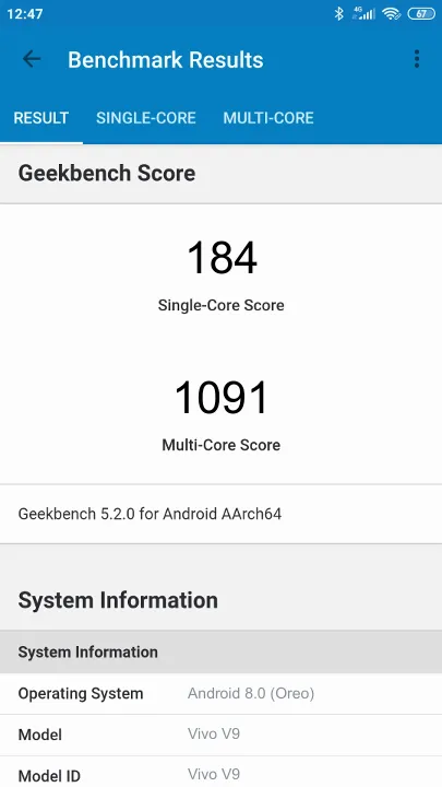 Vivo V9 Geekbench benchmark score results