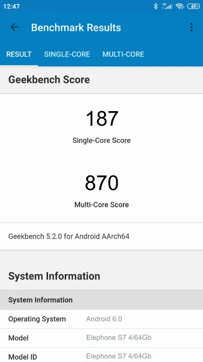 Punteggi Elephone S7 4/64Gb Geekbench Benchmark