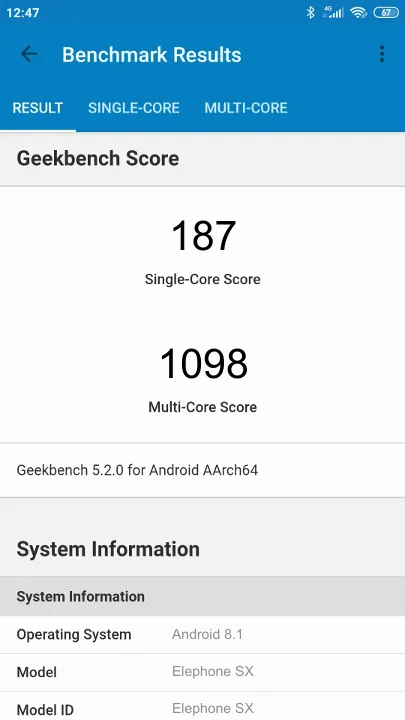 Elephone SX Geekbench benchmark score results