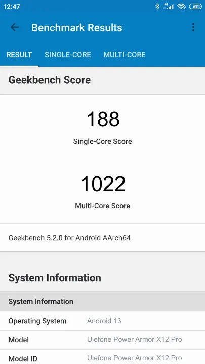 Ulefone Power Armor X12 Pro Geekbench benchmark score results